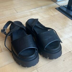 Black leather platform sandals